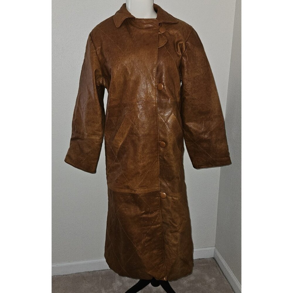 Peppermint Long Brown Leather Coat Jacket Danish Design Medium Trench FLAWS READ